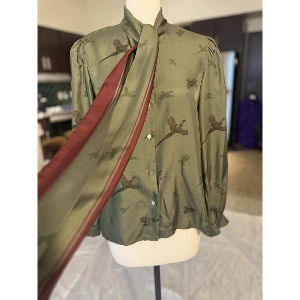 Vntg Gloria Sacks NY 100% Silk Blouse Top Bow Tie Olive Green 10 Or L Union Made - Picture 4 of 9